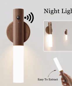 Đèn LED Cảm Biến Chuyển Động Vỏ Gỗ – Đèn Ngủ Gắn Nam Châm Sạc USB Không Dây